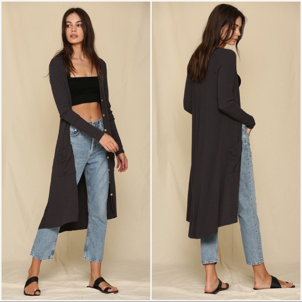 Charcoal Ribbed Knit Cardigan